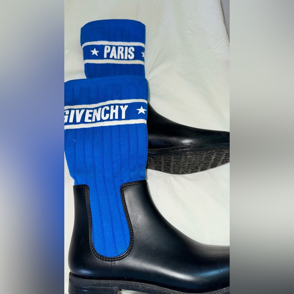 Givenchy Paris Blue Knit Sock Boots | Black Leather + Logo Detail